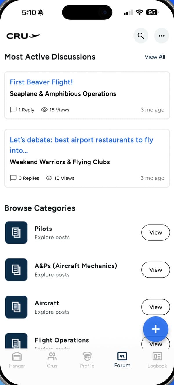 Cru Social pilot forums with active discussions and categories