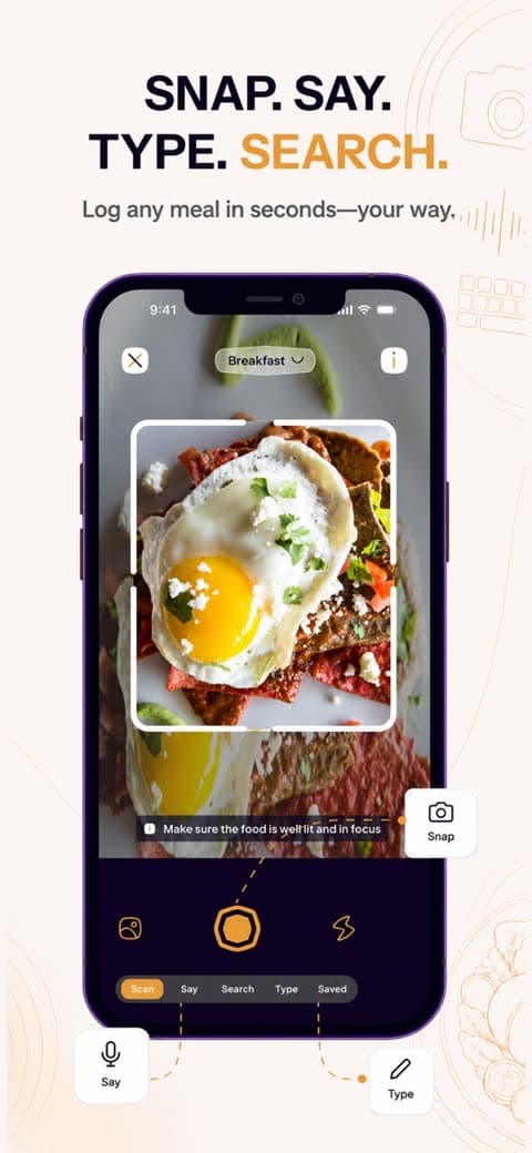 SlimAI store image: log any meal by photo, voice, typing or search