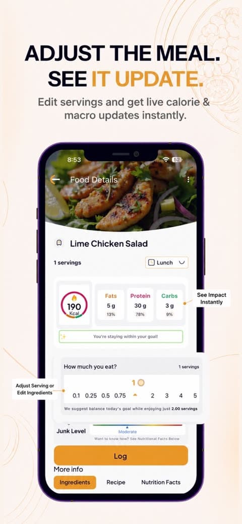 SlimAI store image: adjust a meal and see calories update